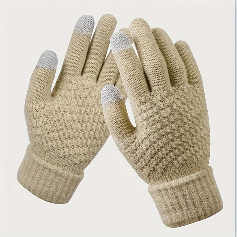 1 Pair Knit Thermal Winter Gloves, Solid Color Touch Screen Thickened Sports Gloves For Cycling Hiking