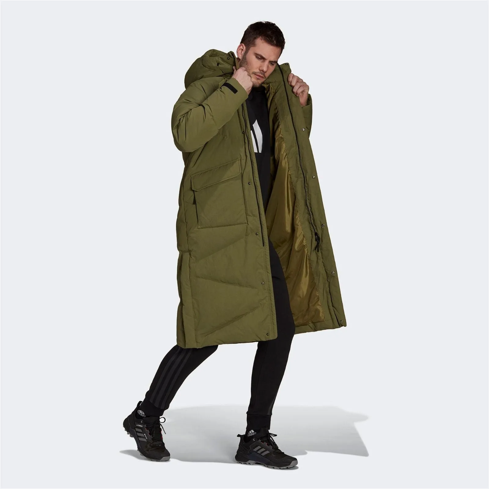 adidas Big Baffle Long Down Parka Coat - Focus Olive