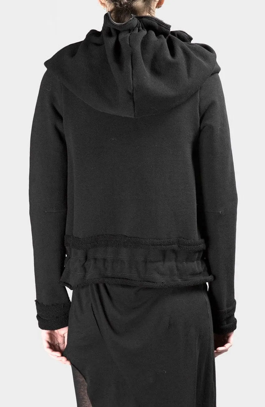 Asymmetric Raw Cut Cropped Double Look Hoodie, Full Zip Top -BB124