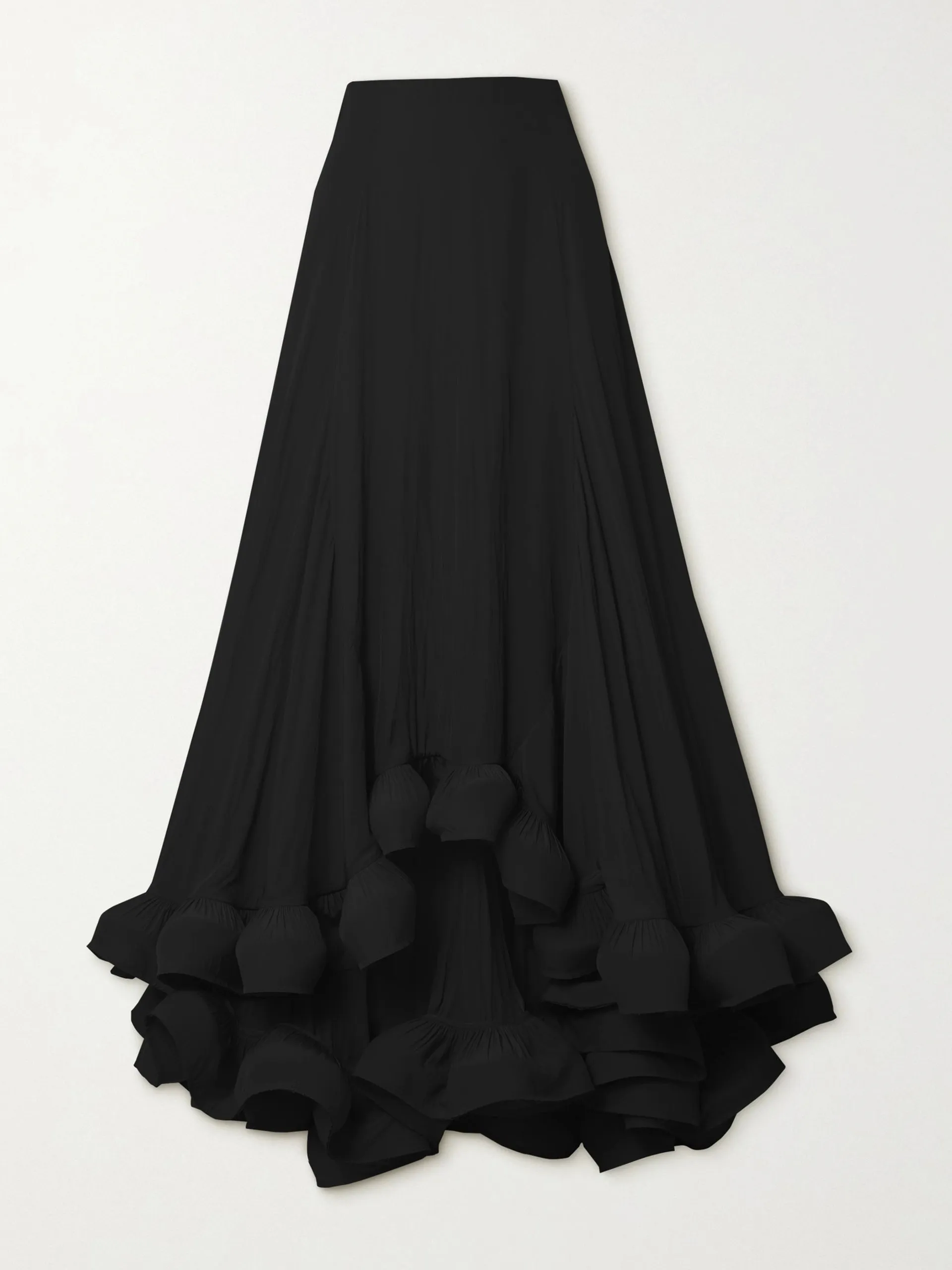 Asymmetric ruffled charmeuse maxi skirt