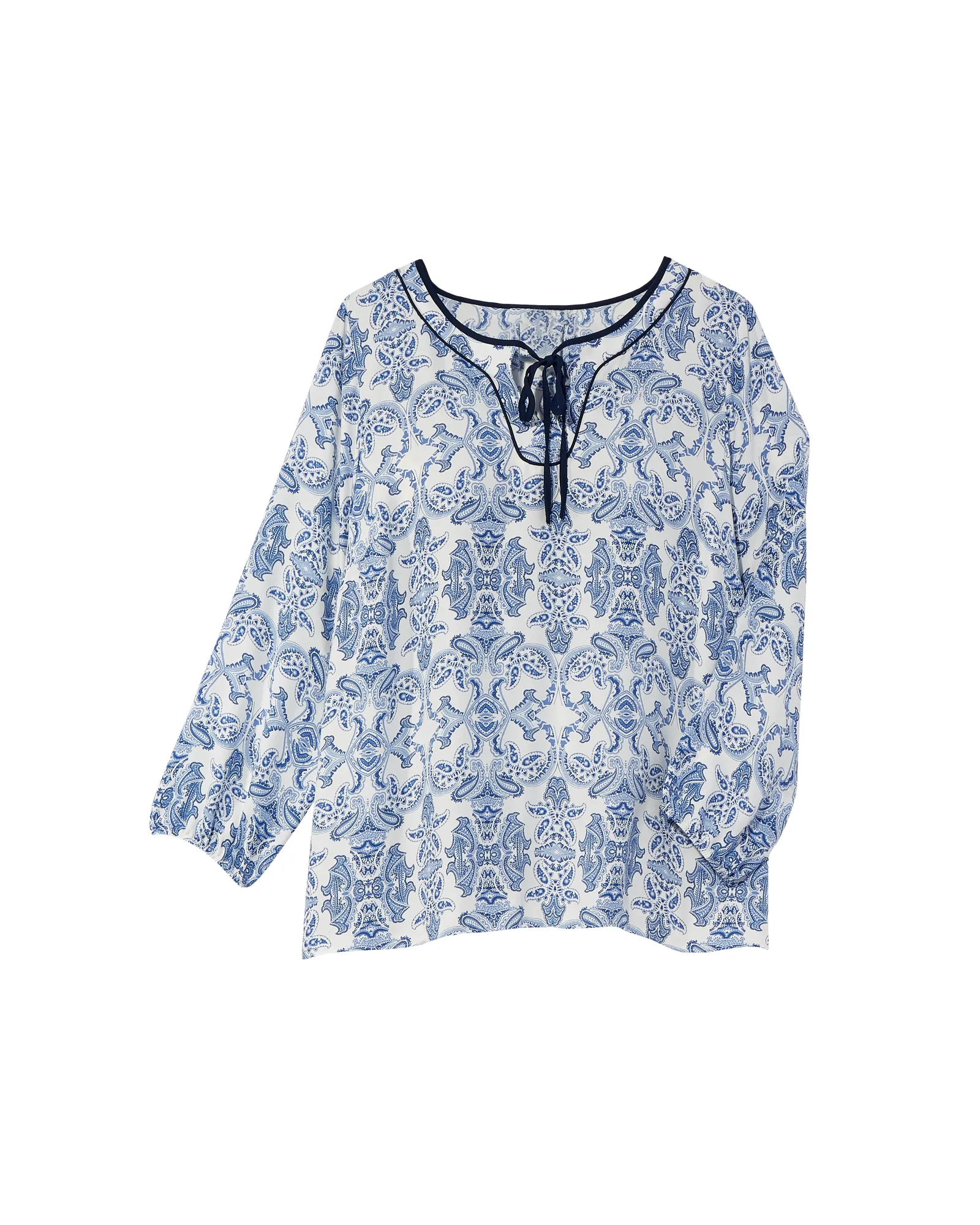 Beth Tie-Neck Blouse | White / Royal Blue