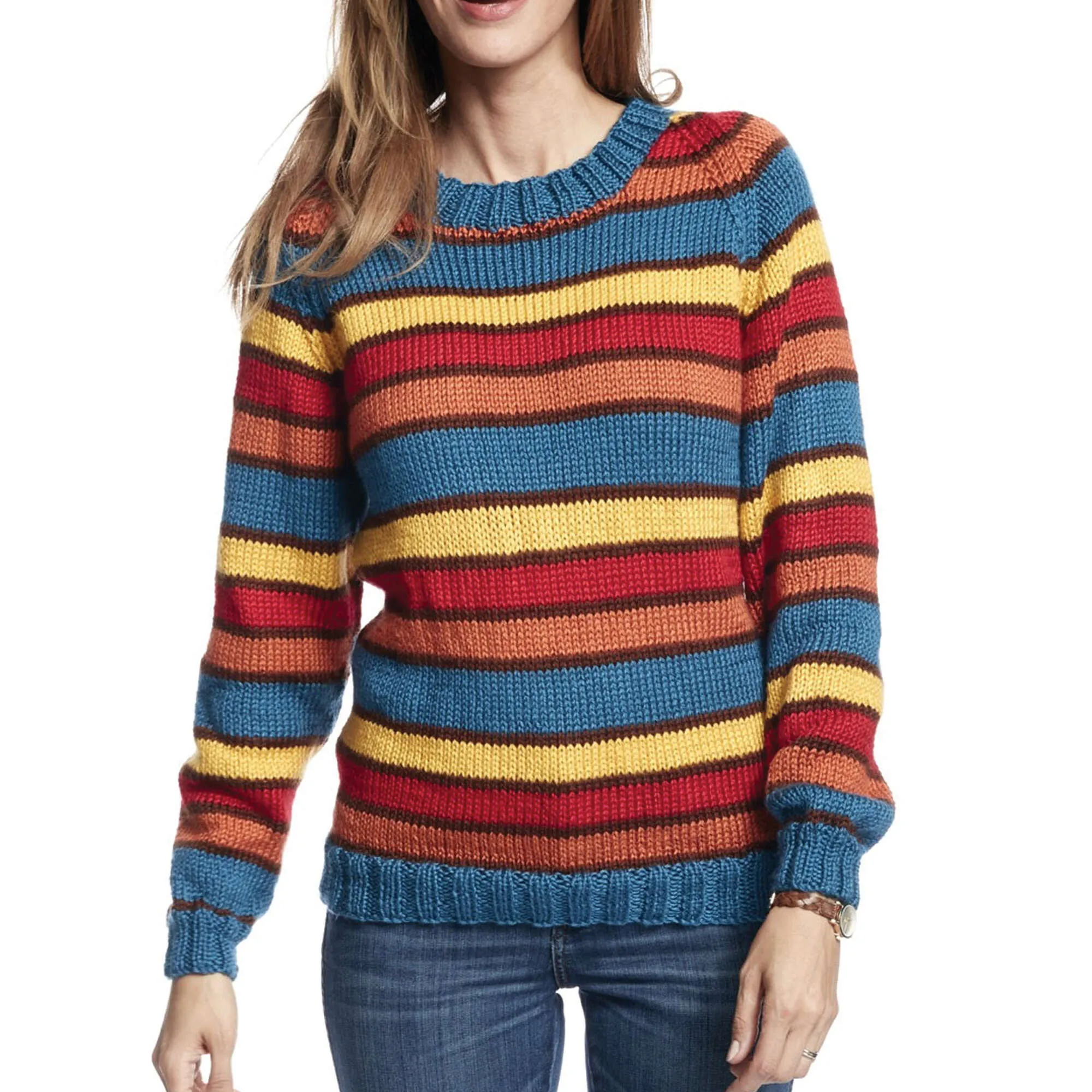 Caron Adult Knit Crew Neck Striped Pullover