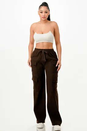 Dark Brown Drawstring Waist Corduroy Cargo Pants