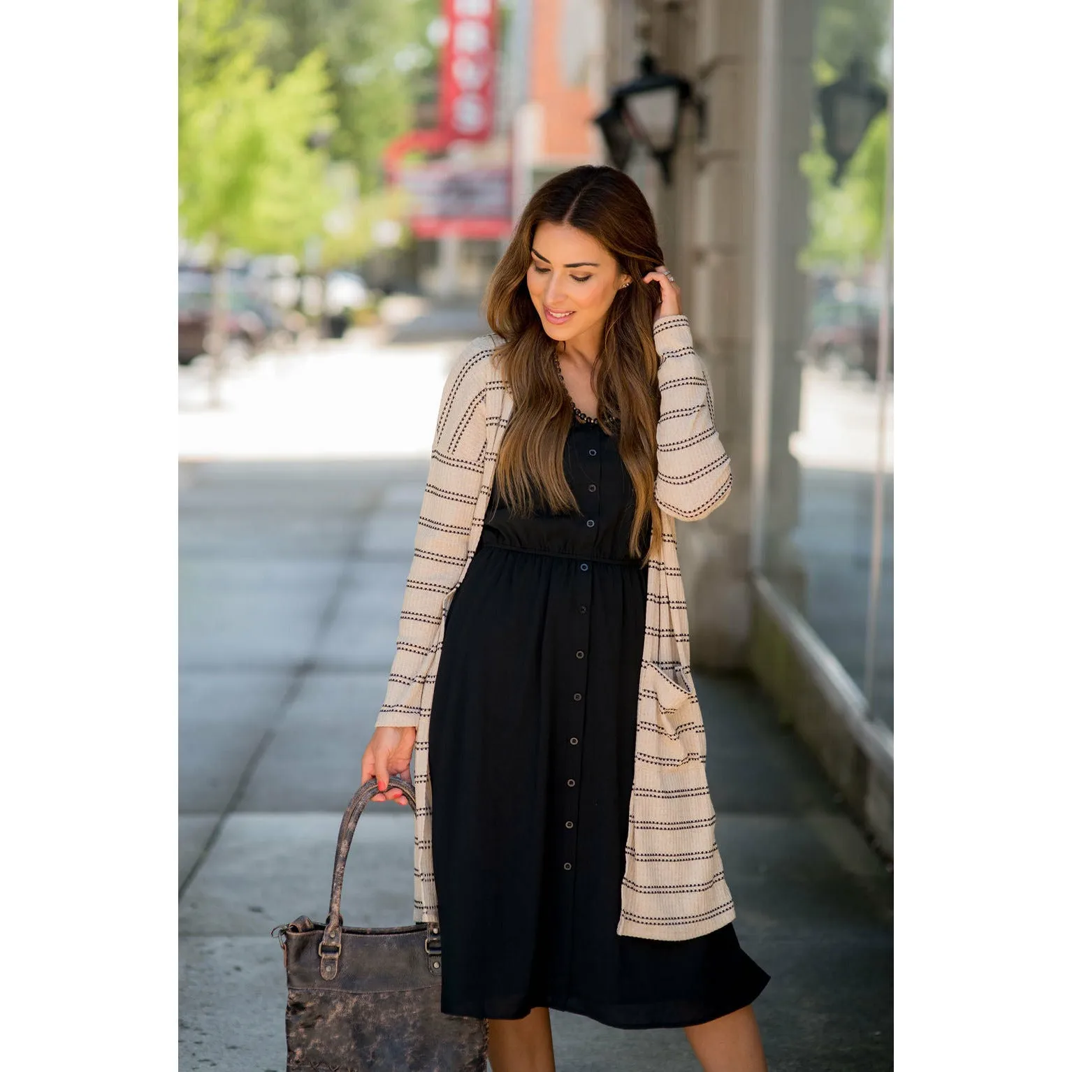 Double Stripe Waffle Tunic Cardigan