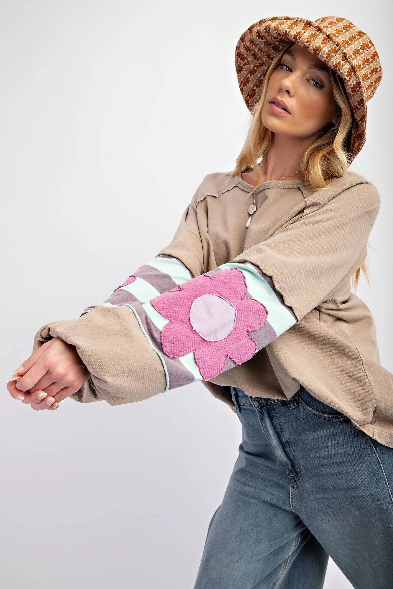 Easel Terry Knit Pullover Top with Flower Patch Details in Mushroom