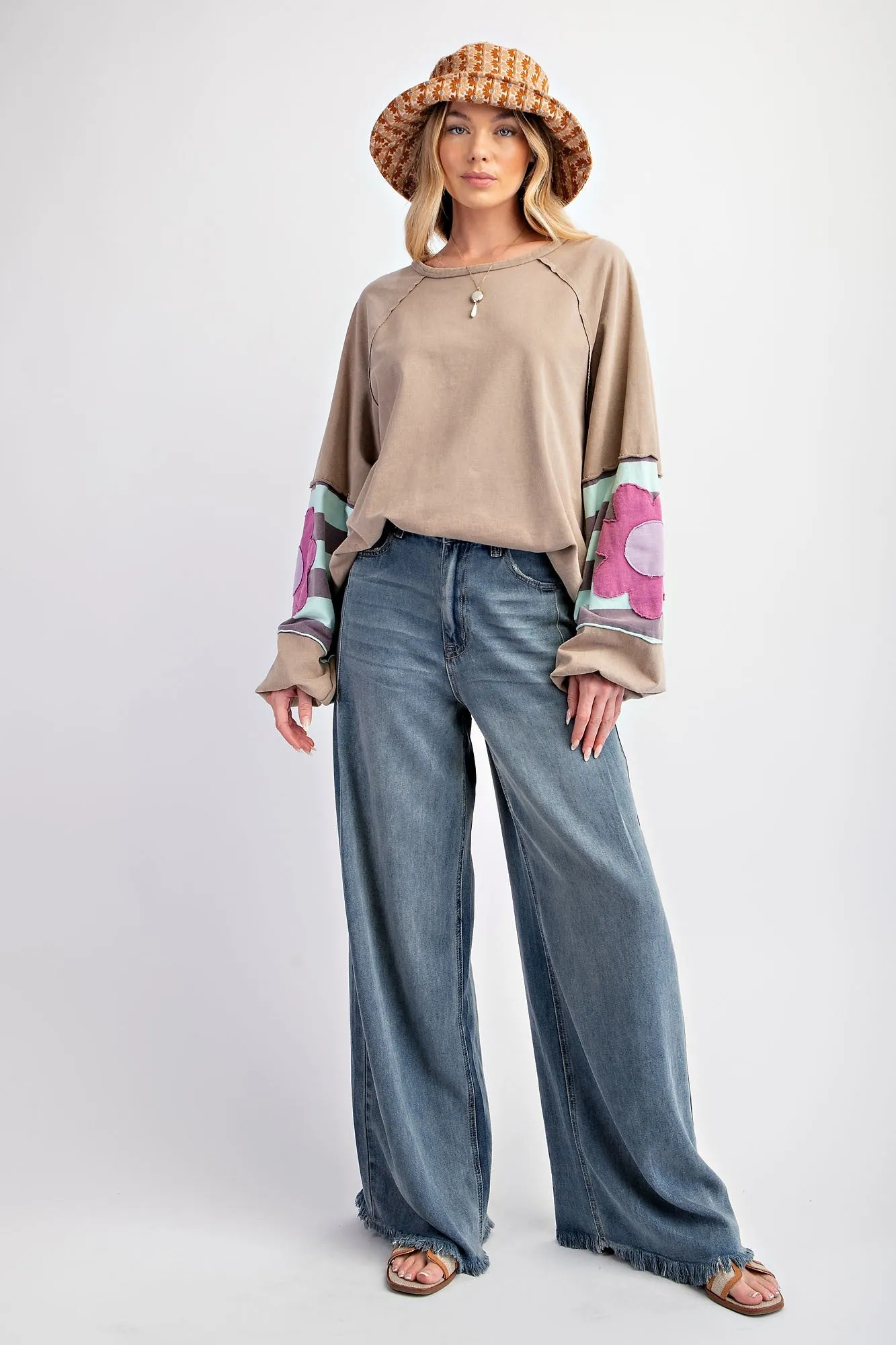 Easel Terry Knit Pullover Top with Flower Patch Details in Mushroom