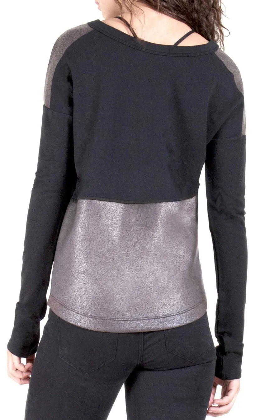 Faux Leather Contrast Pullover Top