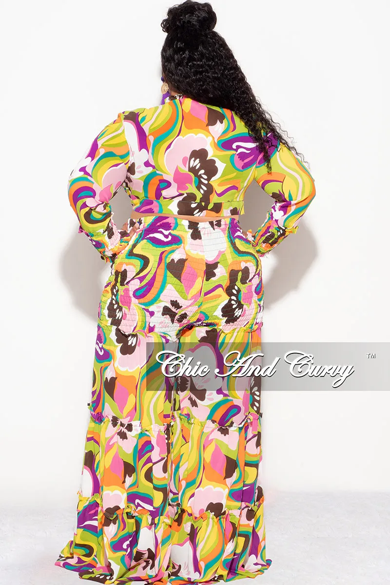 Final Sale Size 2pc Chiffon Crop Tie Top and Frill Pants Set in Multi Color Print