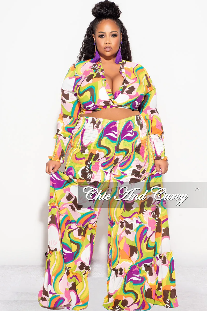Final Sale Size 2pc Chiffon Crop Tie Top and Frill Pants Set in Multi Color Print