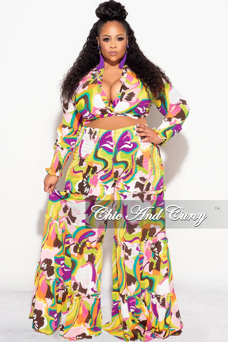 Final Sale Size 2pc Chiffon Crop Tie Top and Frill Pants Set in Multi Color Print