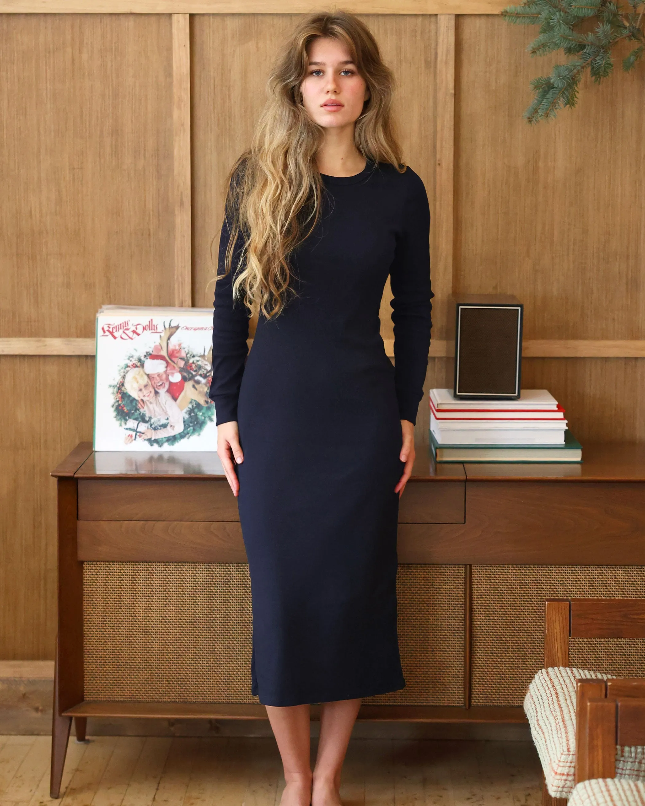 Fine Ribbed Long Sleeve Dress Navy