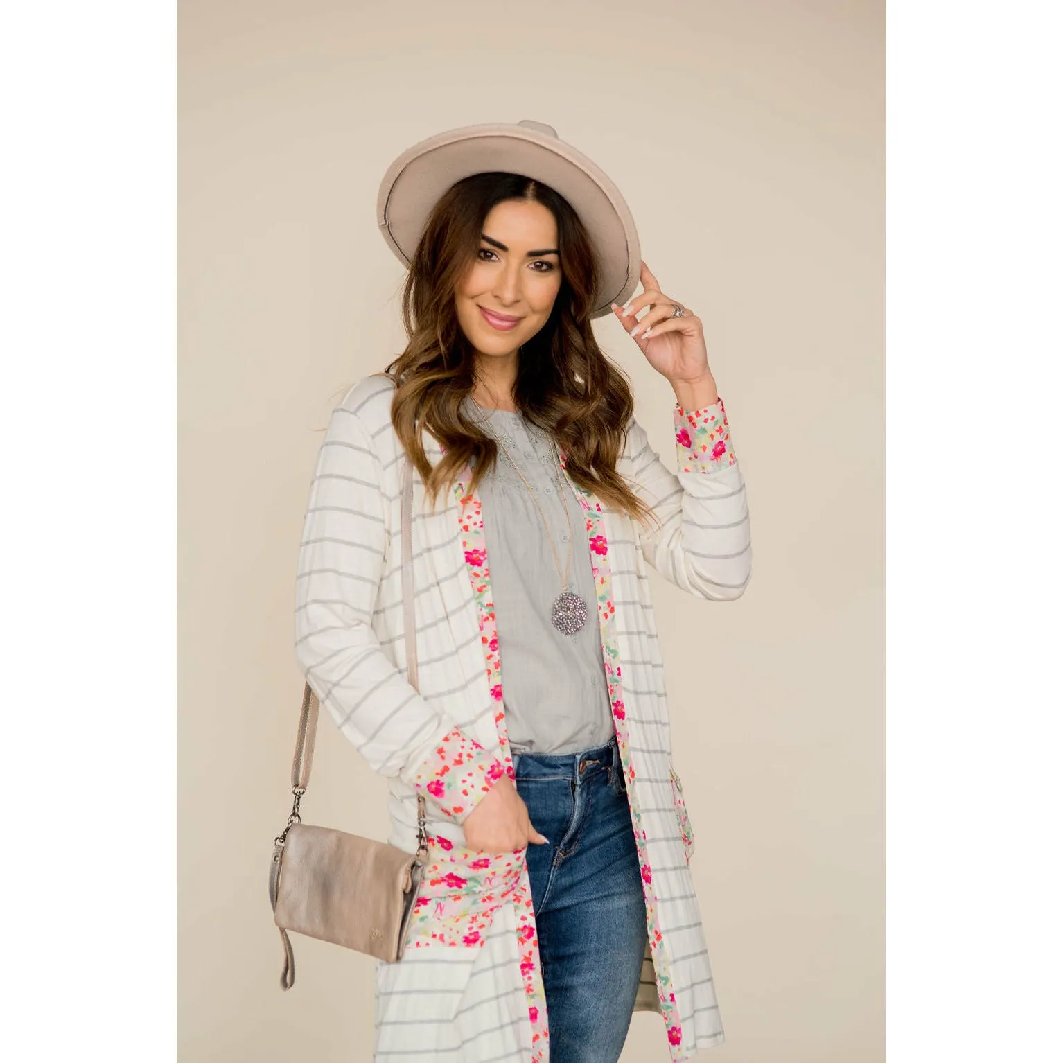 Floral Trimmed Pocket Cardigan