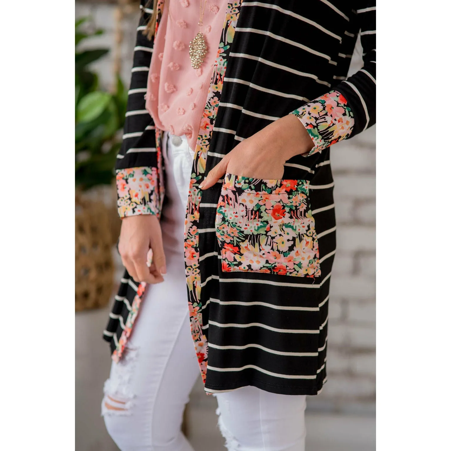 Floral Trimmed Pocket Cardigan