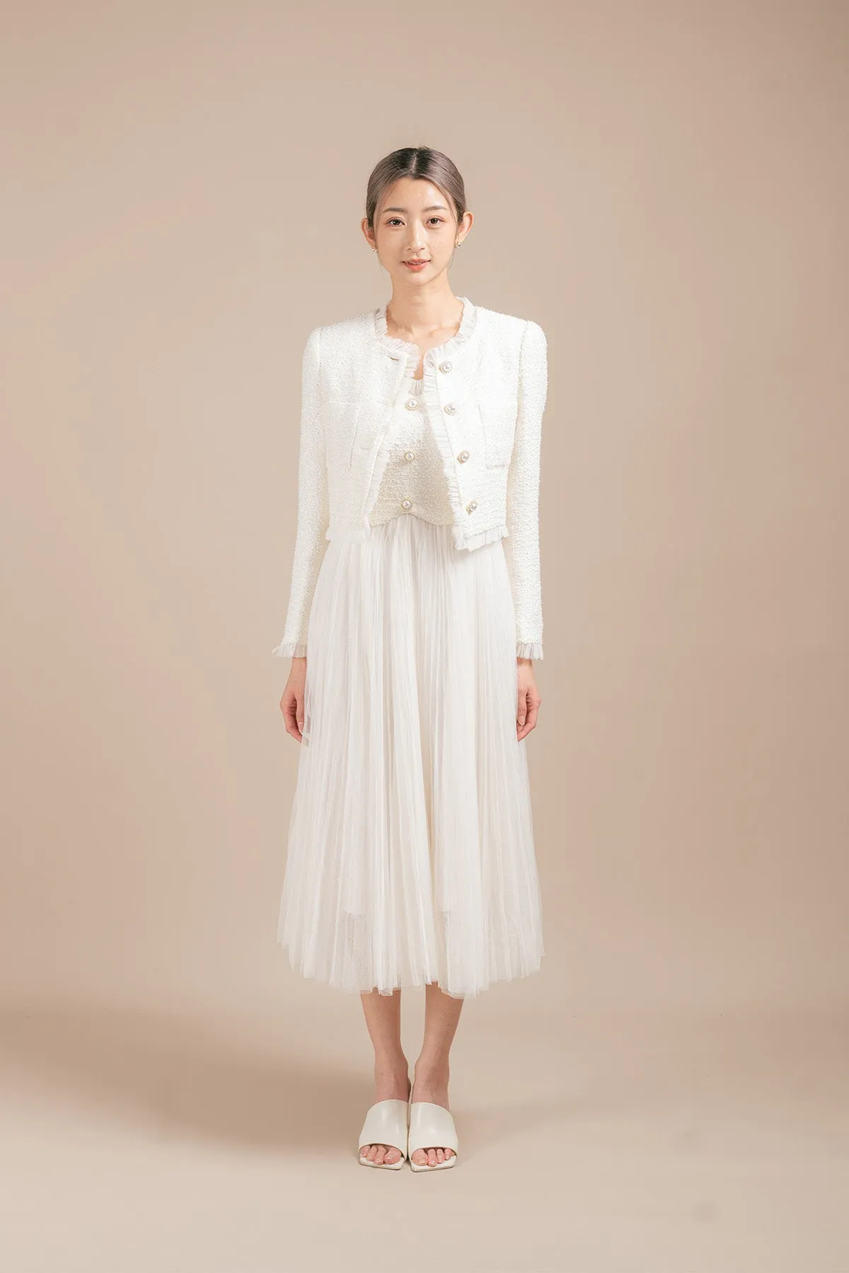 Gerovicca Tulle Ruffled Cropped Tweed Cardigan and Maxi Camisole Dress Set