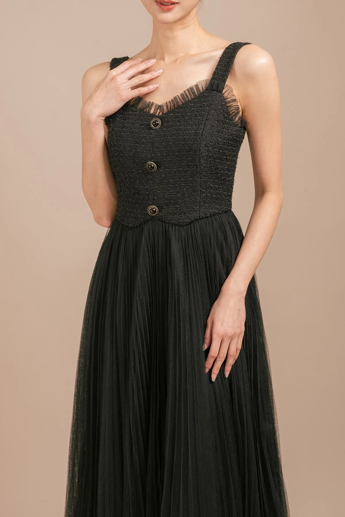 Gerovicca Tulle Ruffled Cropped Tweed Cardigan and Maxi Camisole Dress Set