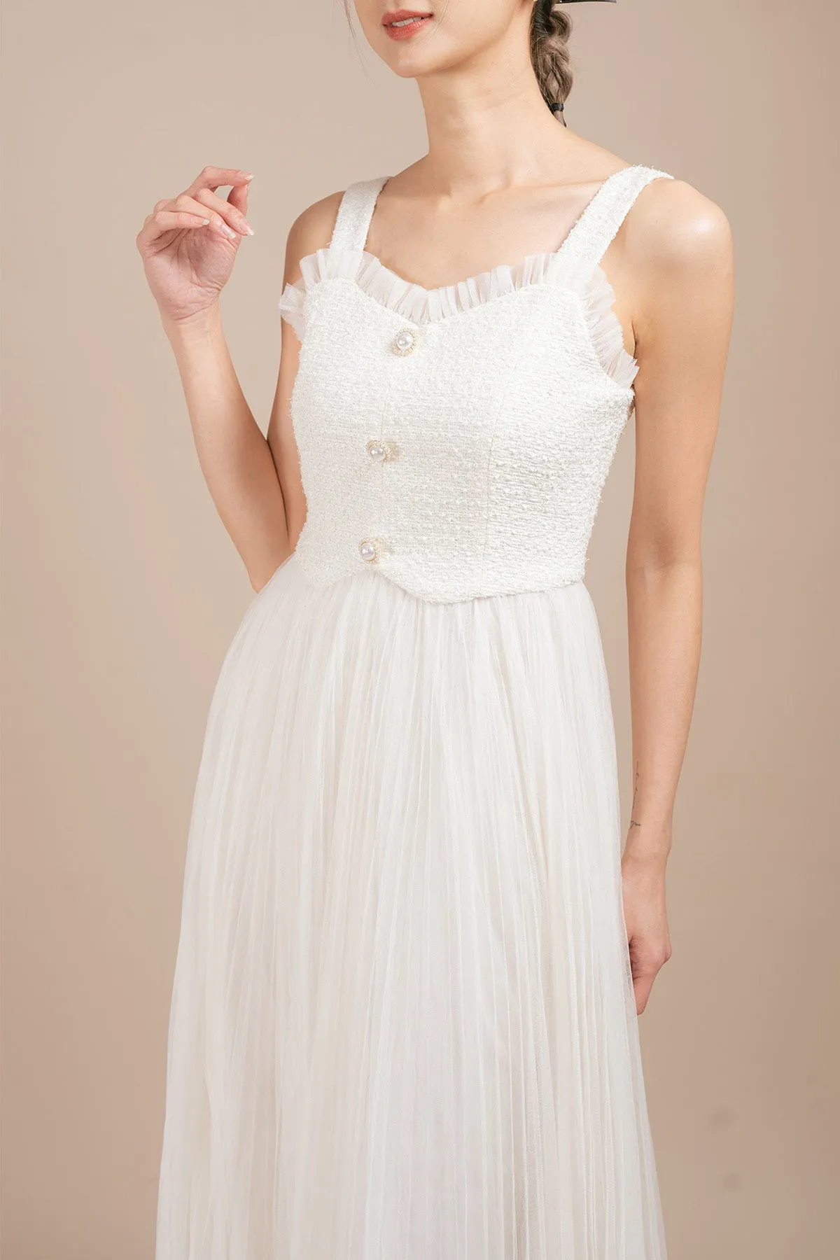 Gerovicca Tulle Ruffled Cropped Tweed Cardigan and Maxi Camisole Dress Set
