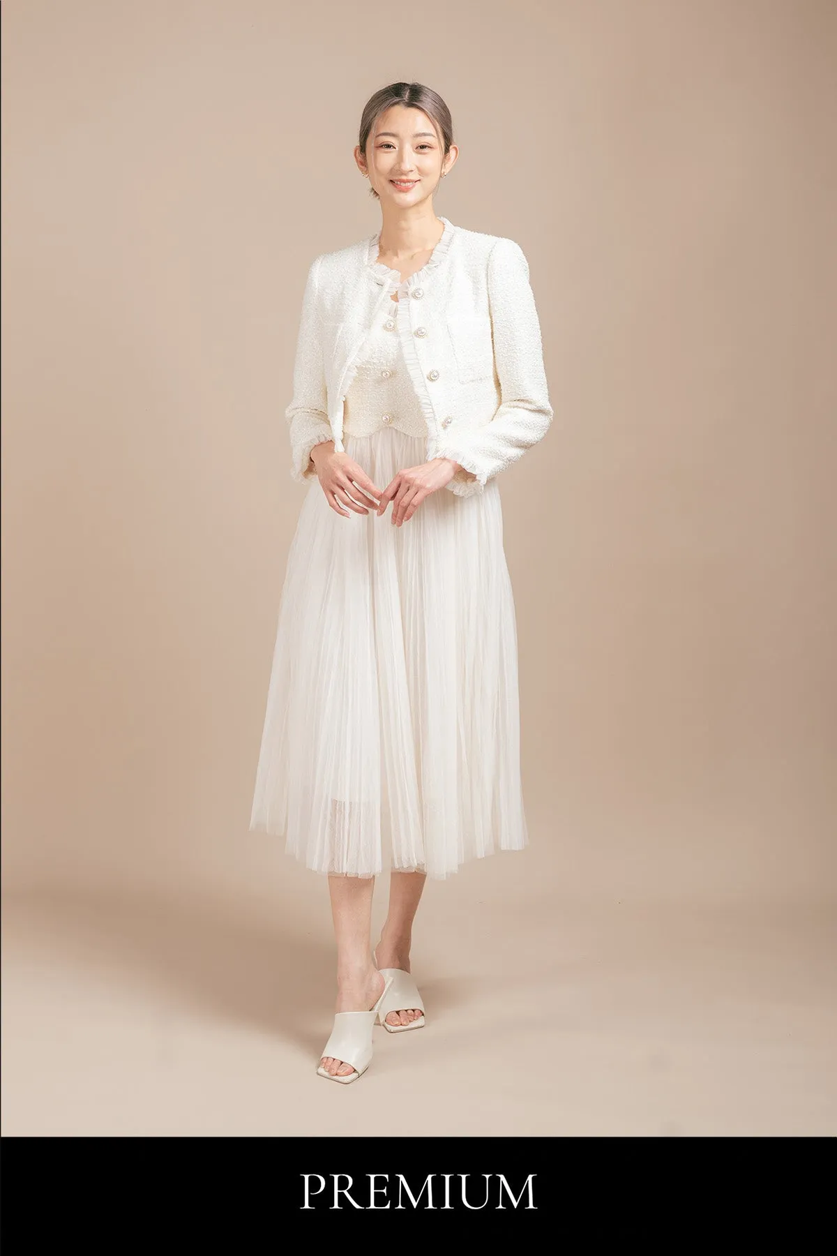 Gerovicca Tulle Ruffled Cropped Tweed Cardigan and Maxi Camisole Dress Set