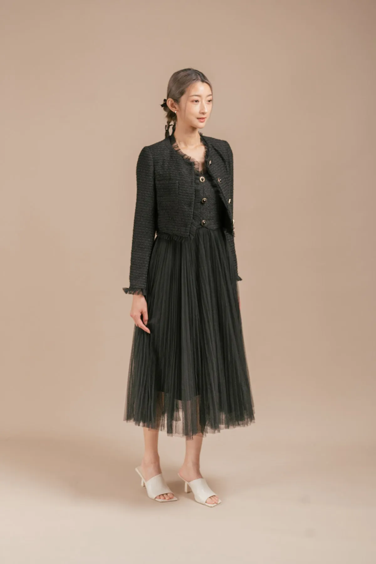 Gerovicca Tulle Ruffled Cropped Tweed Cardigan and Maxi Camisole Dress Set