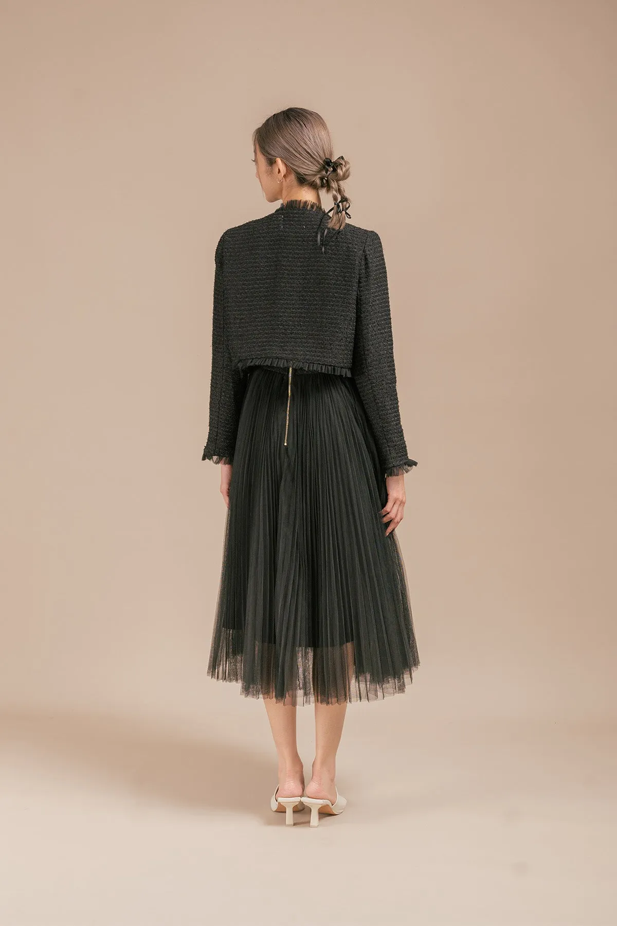 Gerovicca Tulle Ruffled Cropped Tweed Cardigan and Maxi Camisole Dress Set