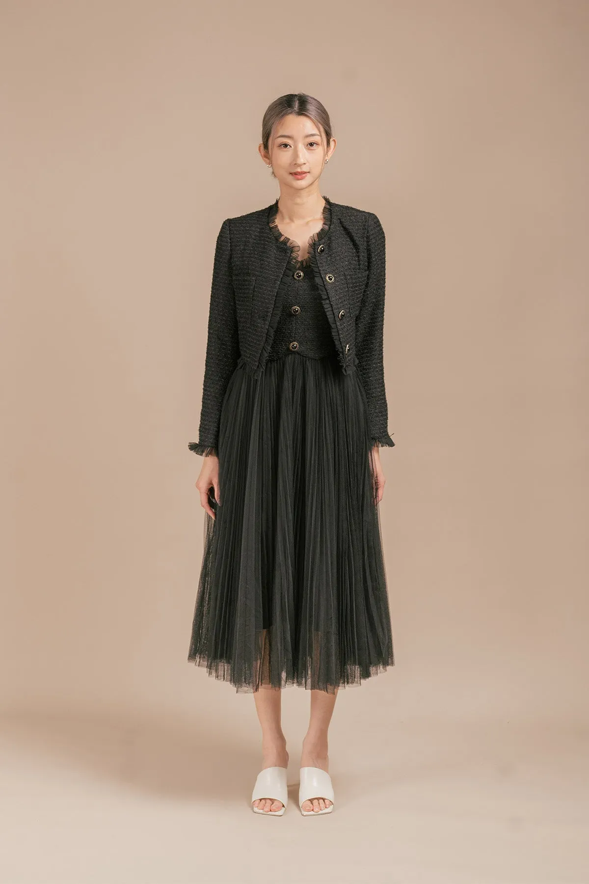 Gerovicca Tulle Ruffled Cropped Tweed Cardigan and Maxi Camisole Dress Set