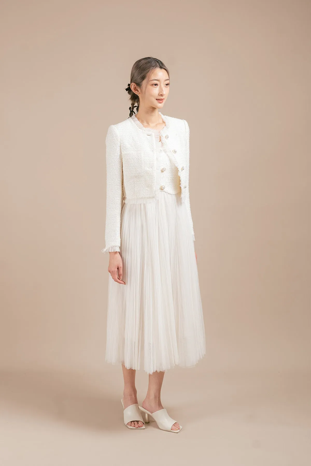 Gerovicca Tulle Ruffled Cropped Tweed Cardigan and Maxi Camisole Dress Set