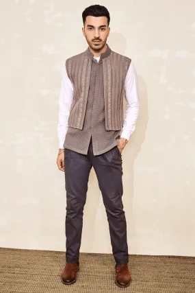 Grey quilted bandi jacket with classic White Shirt & Grey Trousers