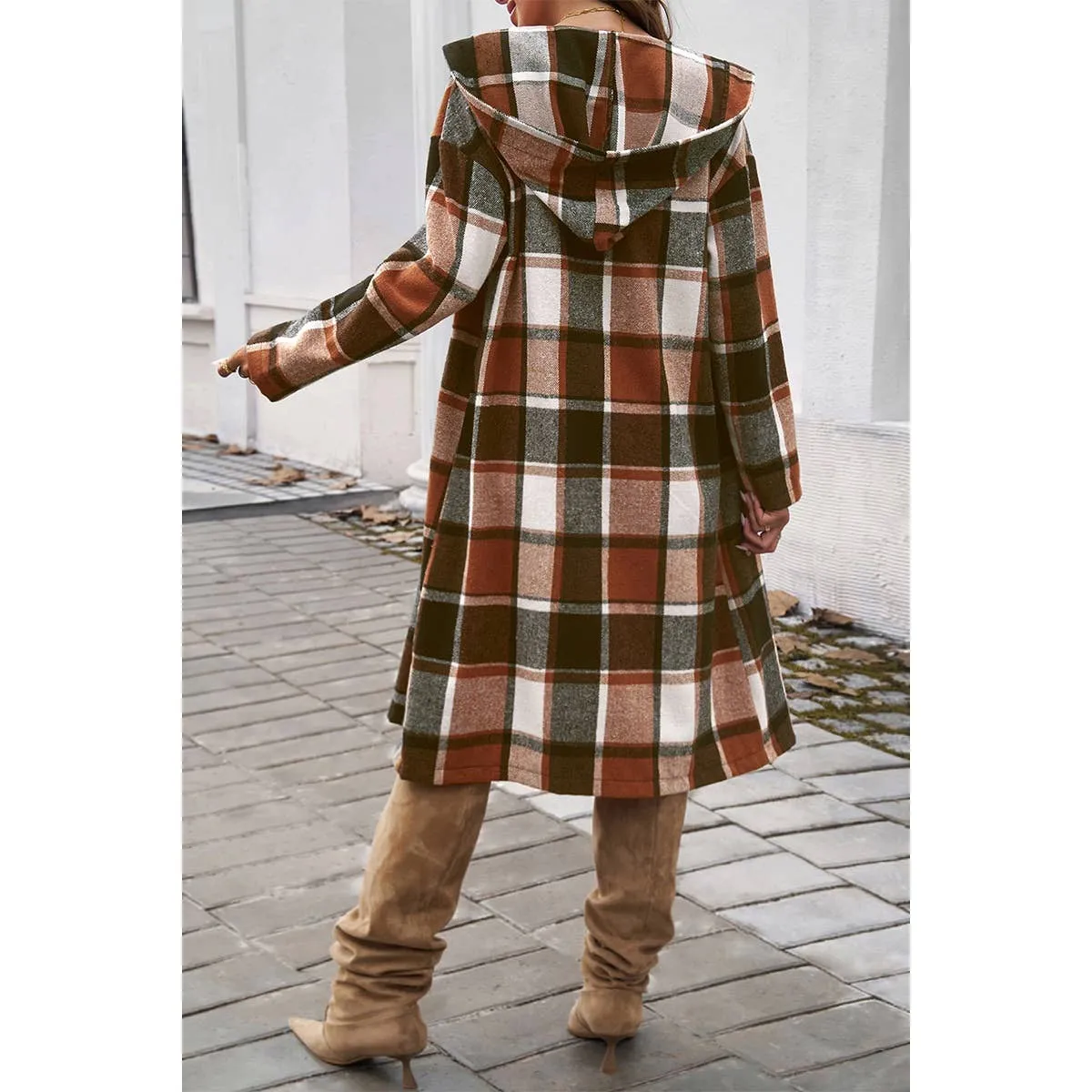 Hooded Flannel Trench Coat - Brown Plaid