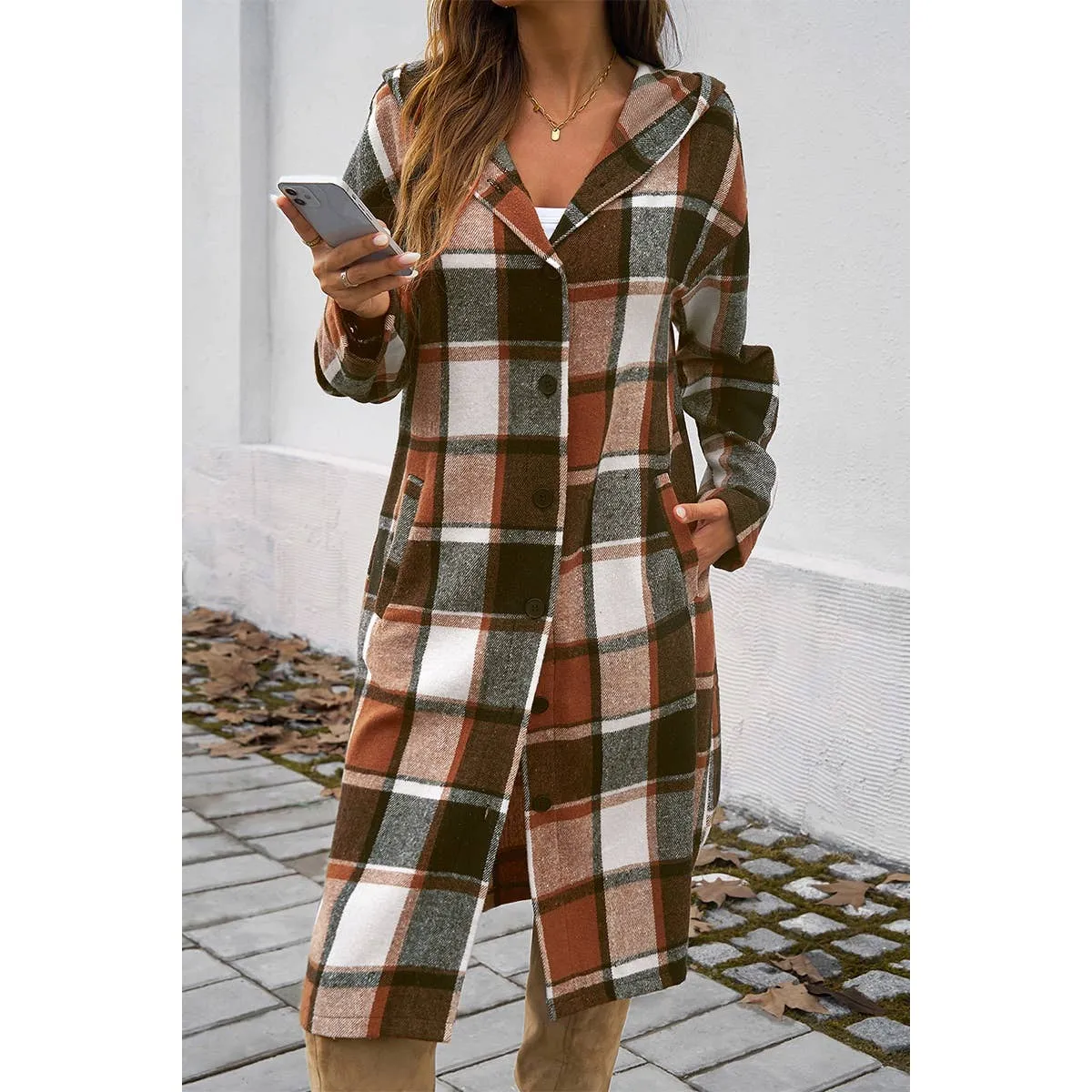 Hooded Flannel Trench Coat - Brown Plaid