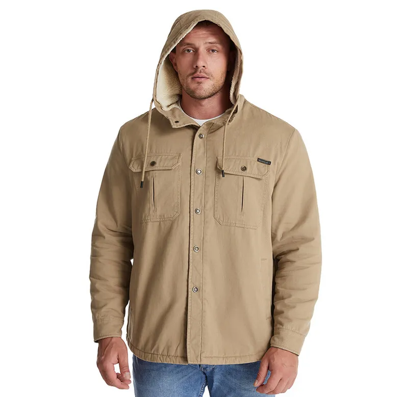 Hooded Regular Fit Sherpa Lined Shirt Jacket For Men