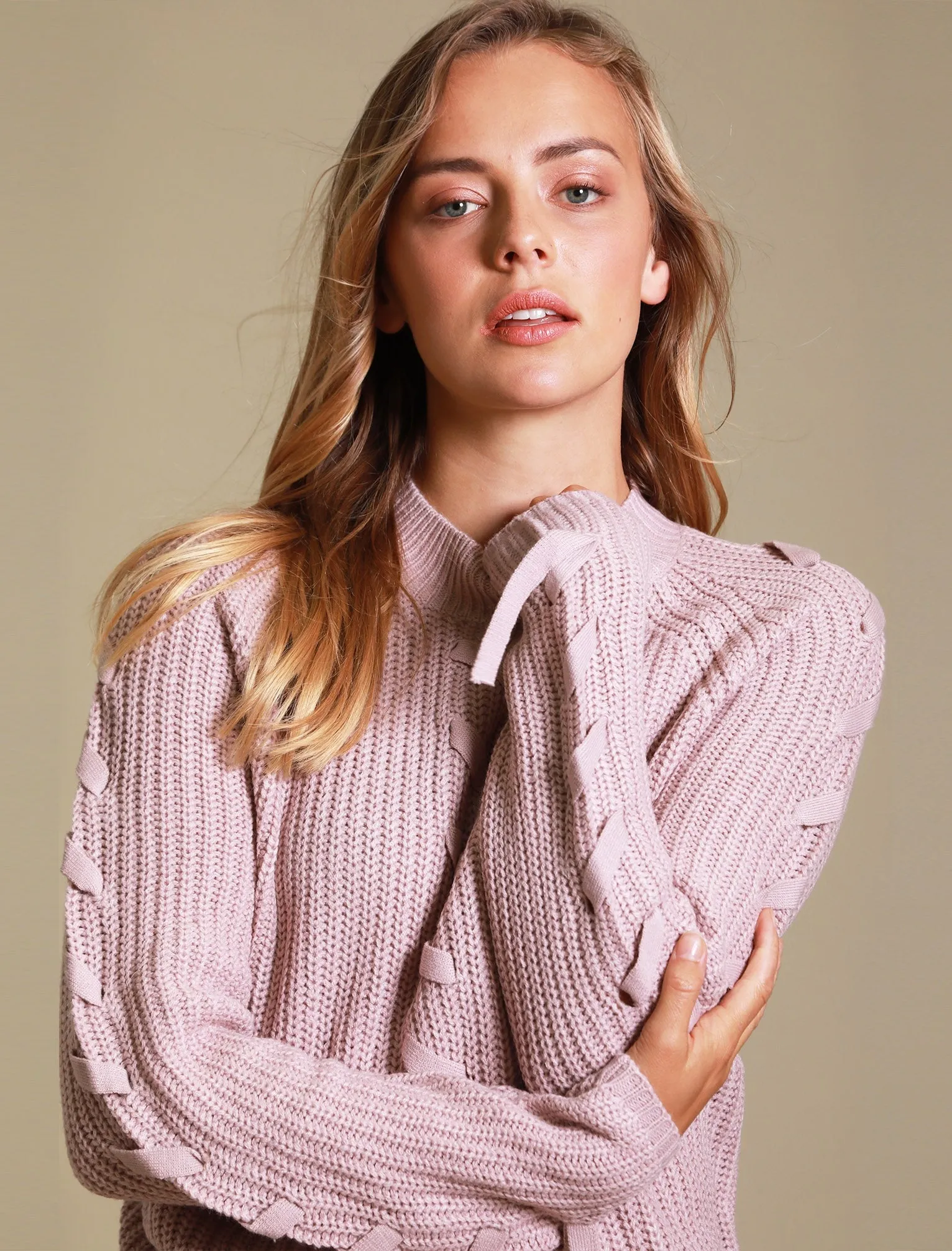 Jade Fisherman Knit Jumper with Lace Up Detail in Nude Pink - Tokyo Laundry