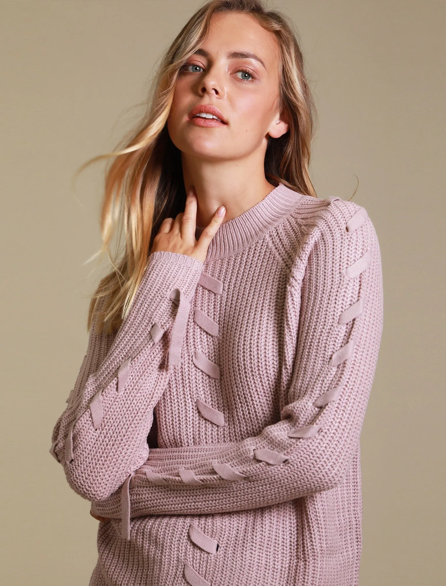 Jade Fisherman Knit Jumper with Lace Up Detail in Nude Pink - Tokyo Laundry