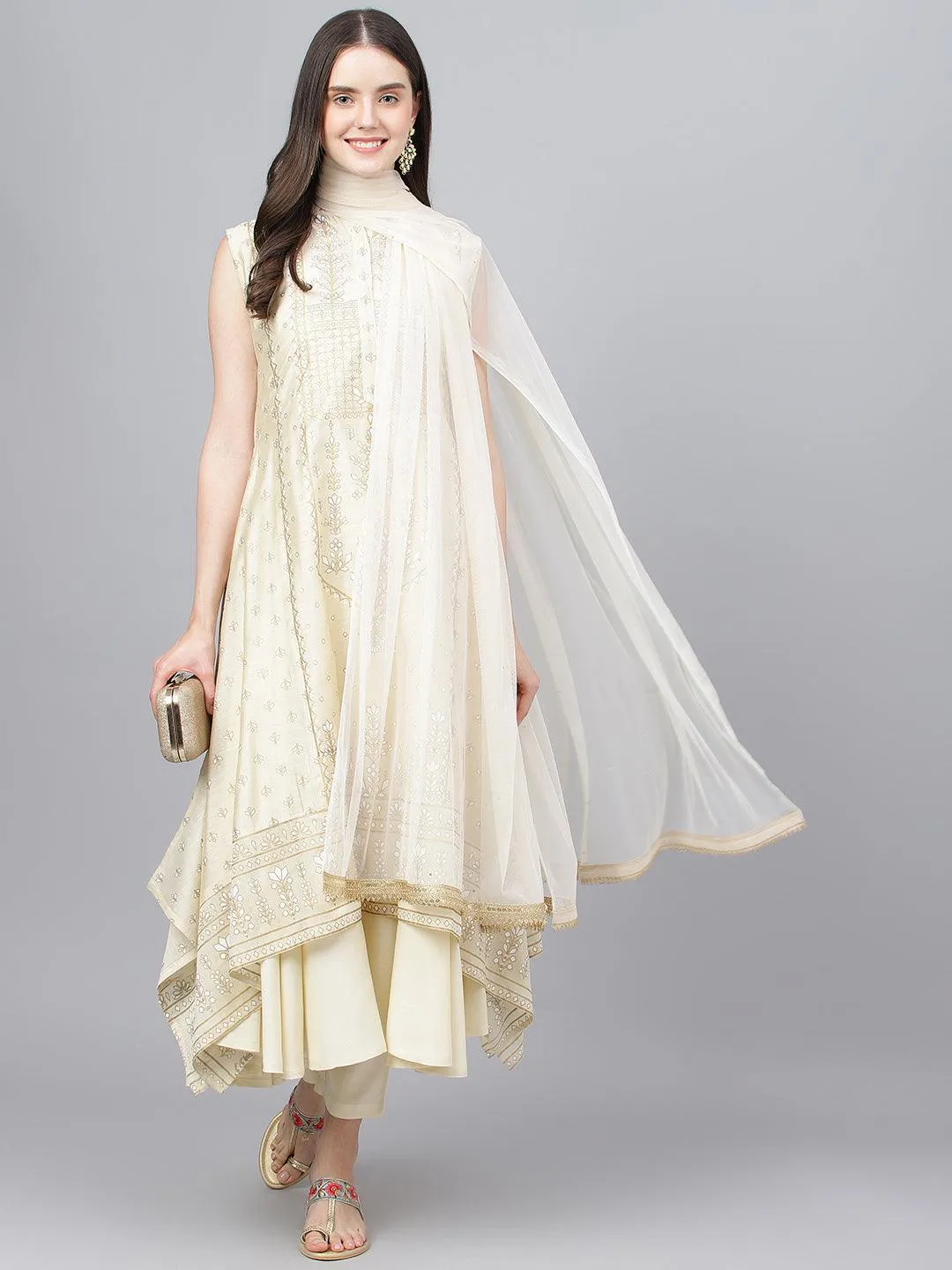 Jashvi Cream Chanderi kurta Pant Set with Net Dupatta