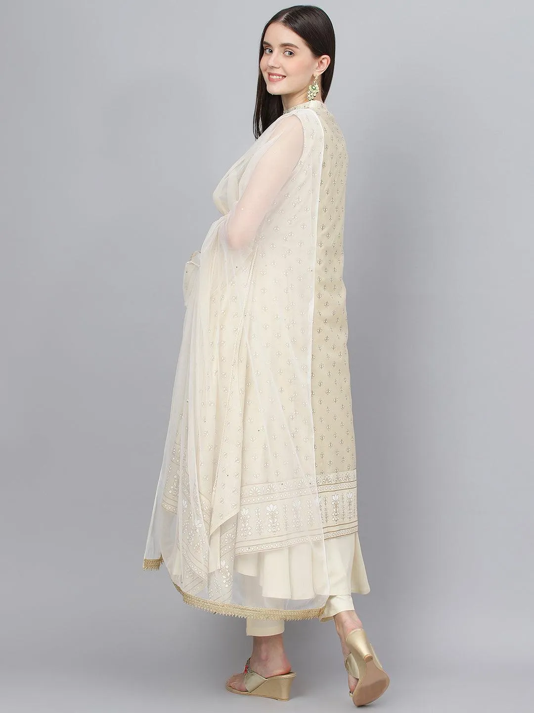 Jashvi Cream Chanderi kurta Pant Set with Net Dupatta