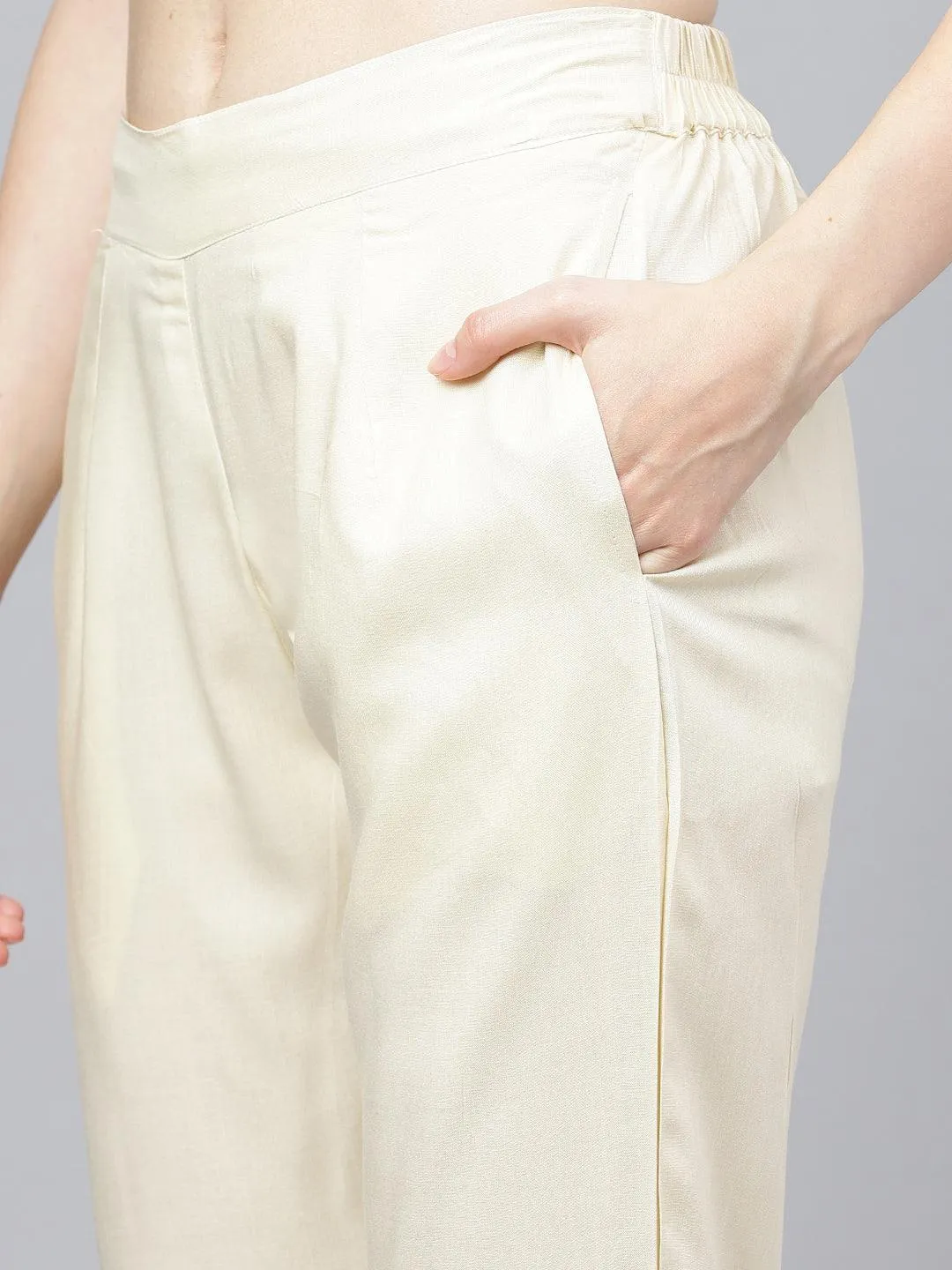 Jashvi Cream Chanderi kurta Pant Set with Net Dupatta