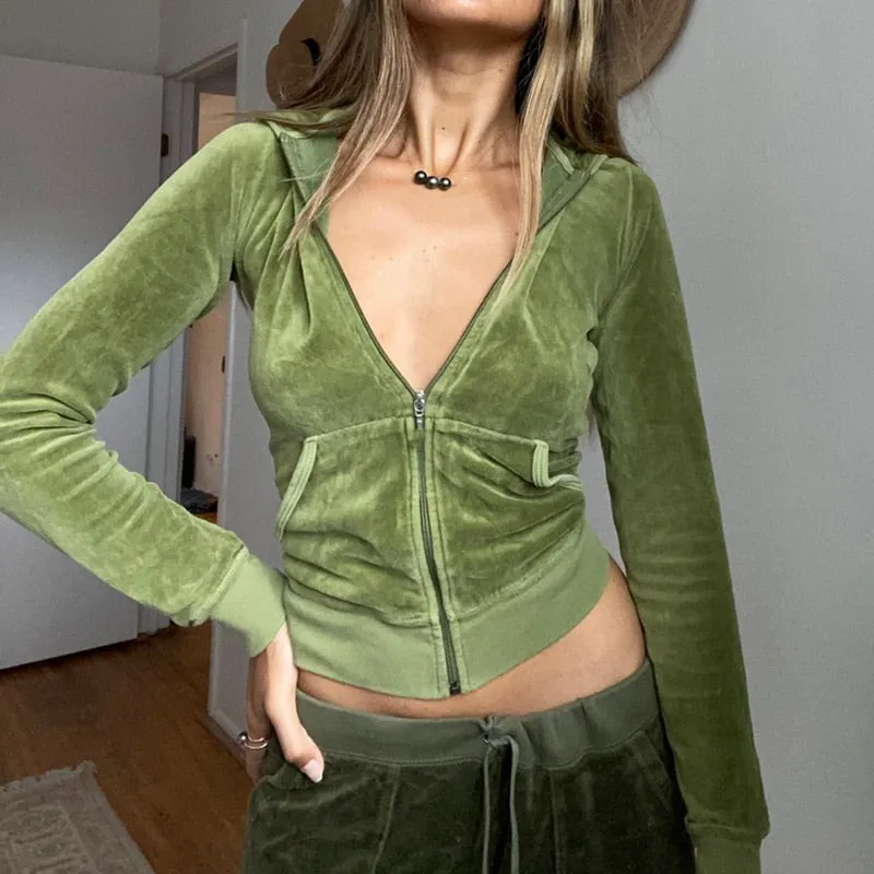 Joskaa HEYounGIRL Casual Velvet Crop Top Winter Jacket Women Green Pink Zip Up Hoodies Coats Ladies Fashion Skinny Overcoat Streetwear