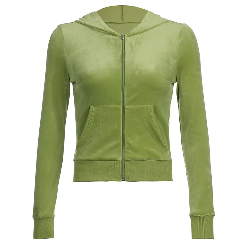 Joskaa HEYounGIRL Casual Velvet Crop Top Winter Jacket Women Green Pink Zip Up Hoodies Coats Ladies Fashion Skinny Overcoat Streetwear