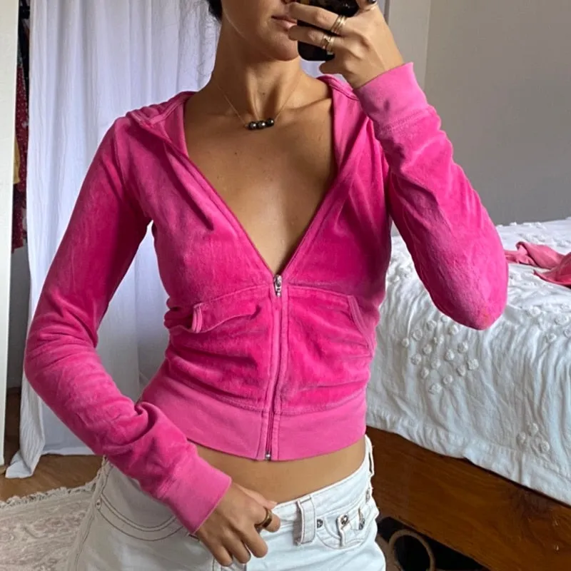 Joskaa HEYounGIRL Casual Velvet Crop Top Winter Jacket Women Green Pink Zip Up Hoodies Coats Ladies Fashion Skinny Overcoat Streetwear