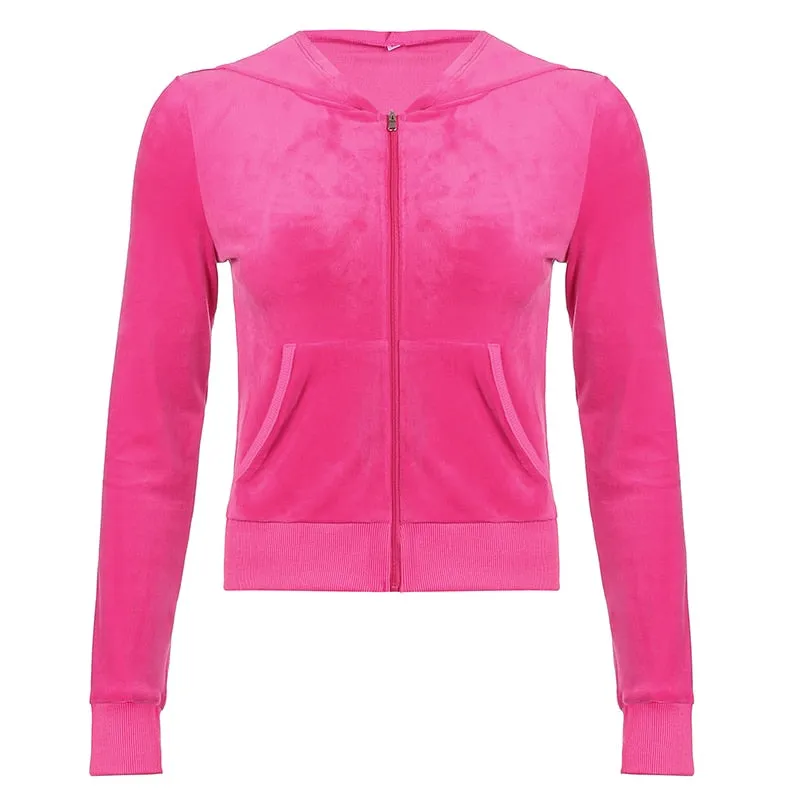 Joskaa HEYounGIRL Casual Velvet Crop Top Winter Jacket Women Green Pink Zip Up Hoodies Coats Ladies Fashion Skinny Overcoat Streetwear