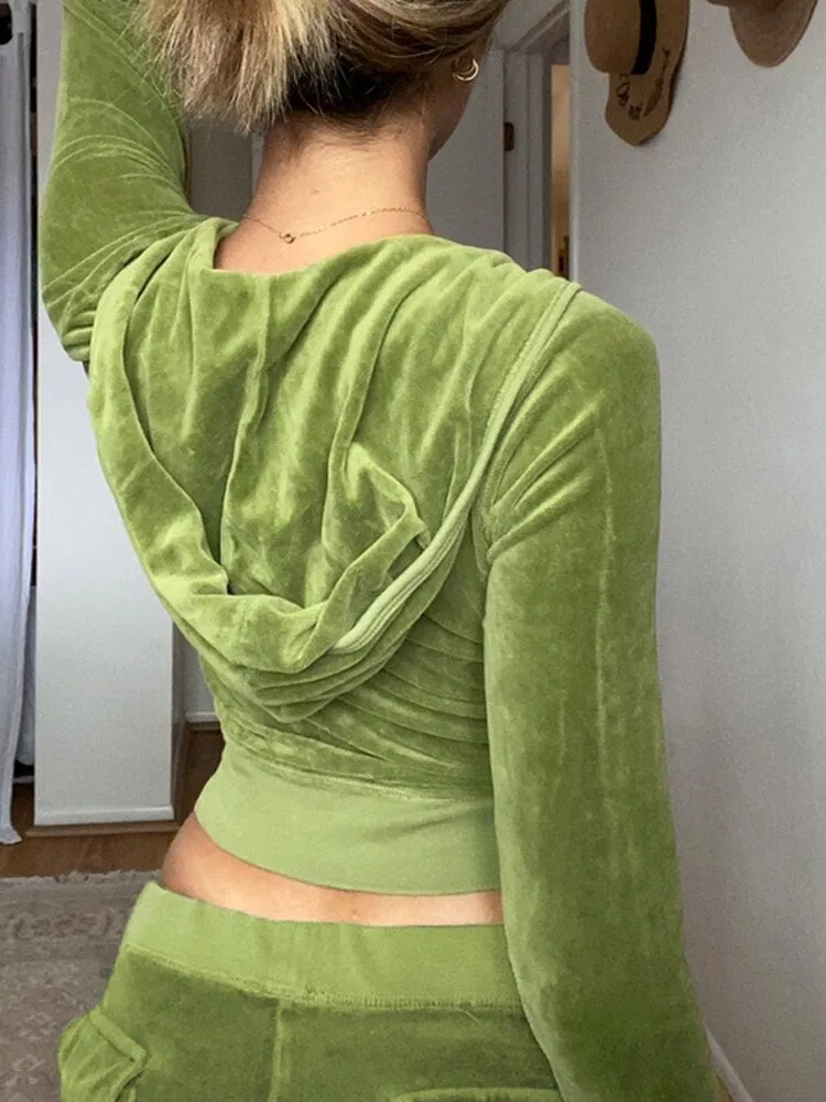 Joskaa HEYounGIRL Casual Velvet Crop Top Winter Jacket Women Green Pink Zip Up Hoodies Coats Ladies Fashion Skinny Overcoat Streetwear