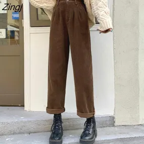 kamames Brown Corduroy Pants Women Loose Casual Lady Straight Pants Korean Street Wear High Waist Black Hot Pants New