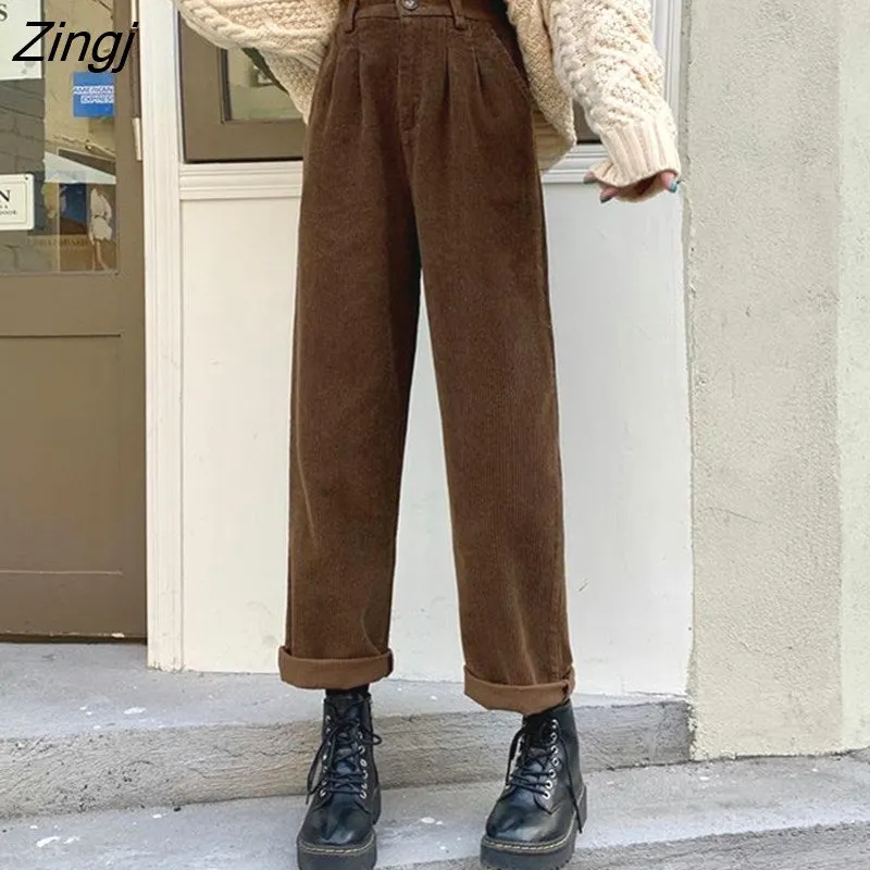 kamames Brown Corduroy Pants Women Loose Casual Lady Straight Pants Korean Street Wear High Waist Black Hot Pants New