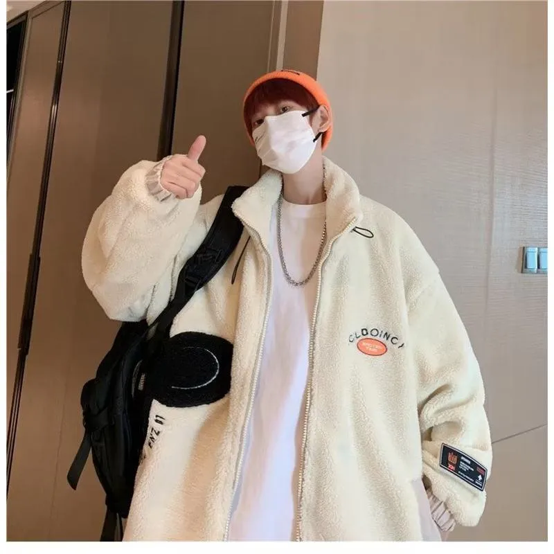 Lapel Collar Trendy Embroidery Harajuku Style Fleece Coat