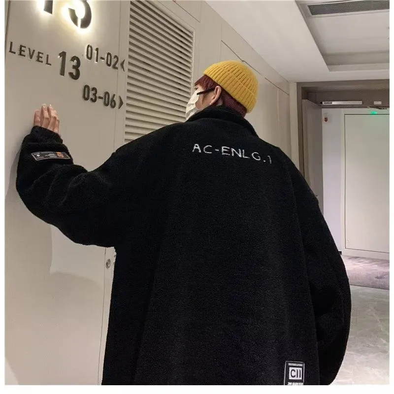 Lapel Collar Trendy Embroidery Harajuku Style Fleece Coat