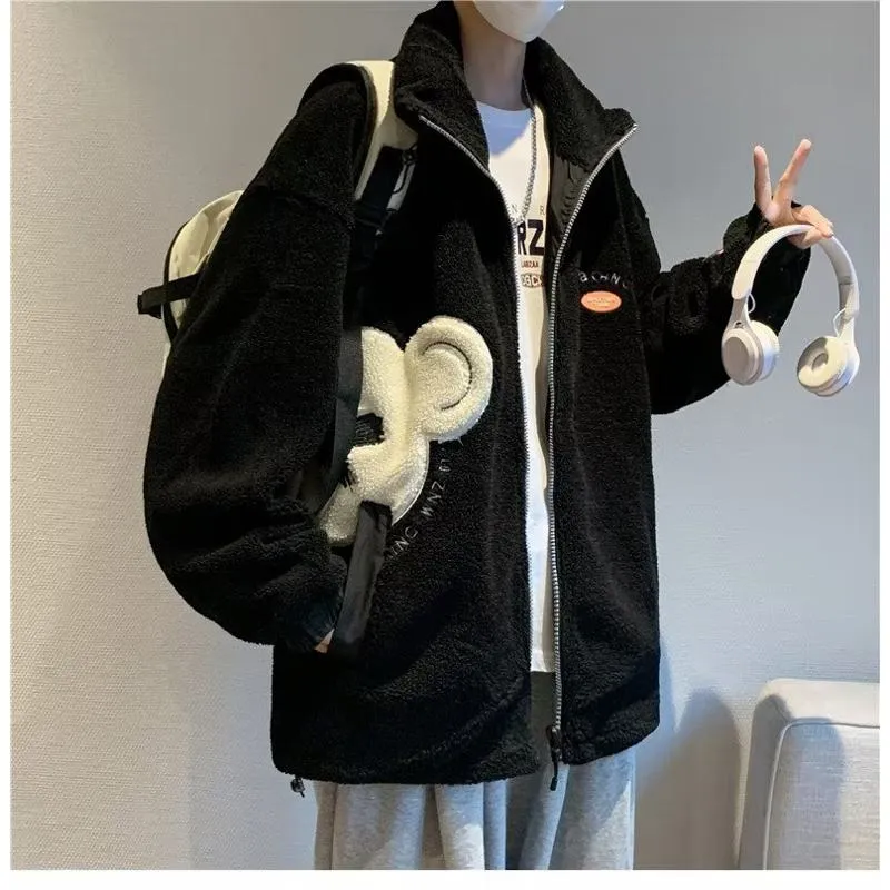 Lapel Collar Trendy Embroidery Harajuku Style Fleece Coat