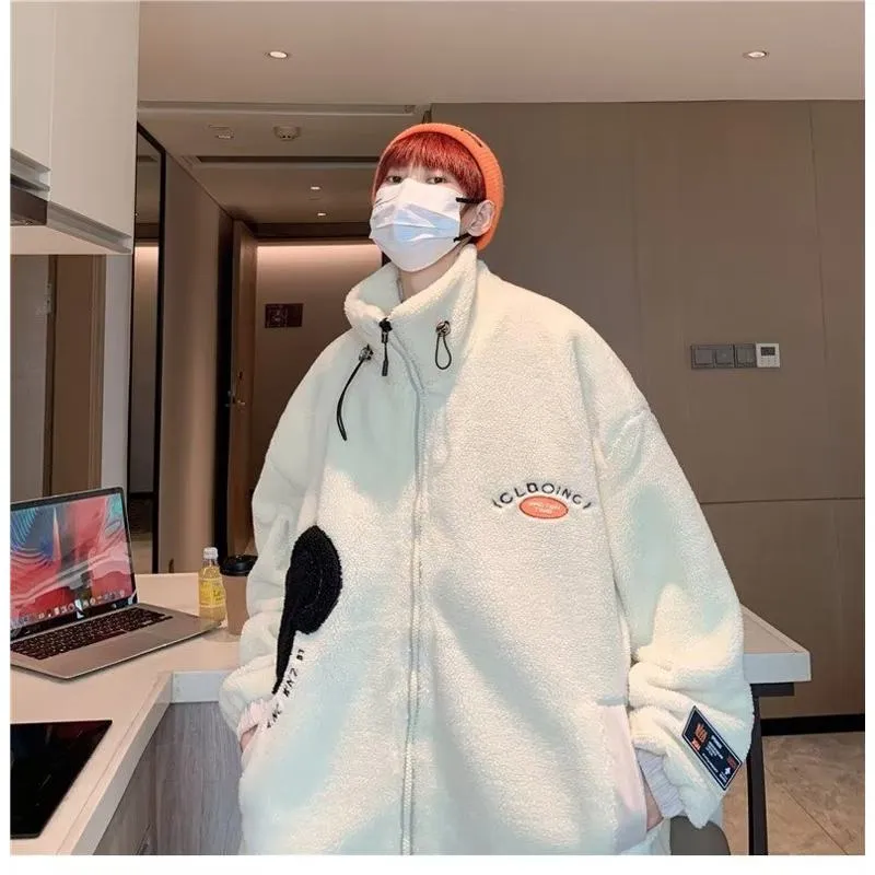 Lapel Collar Trendy Embroidery Harajuku Style Fleece Coat