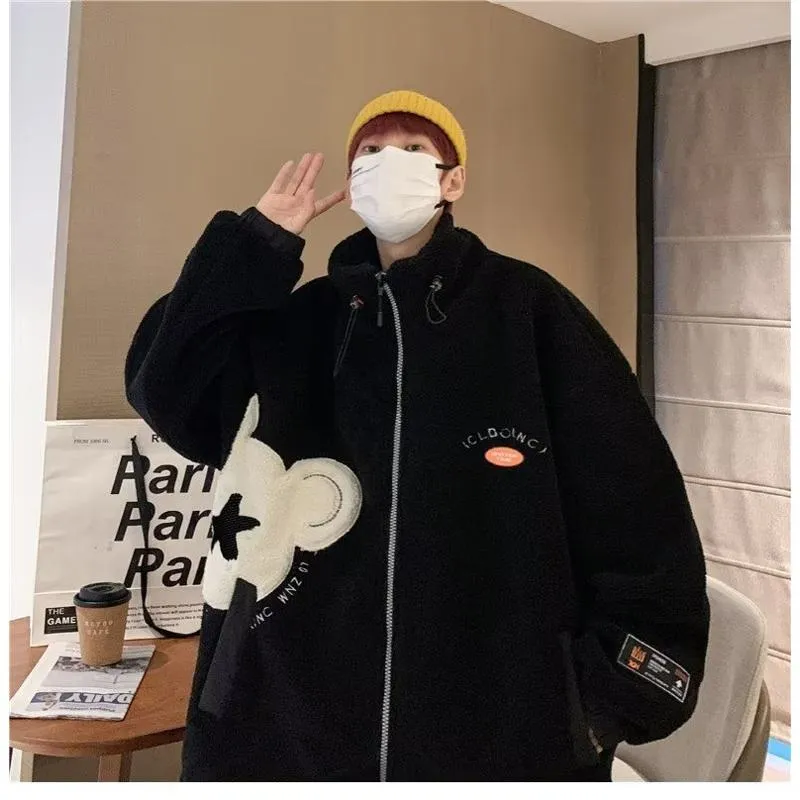 Lapel Collar Trendy Embroidery Harajuku Style Fleece Coat