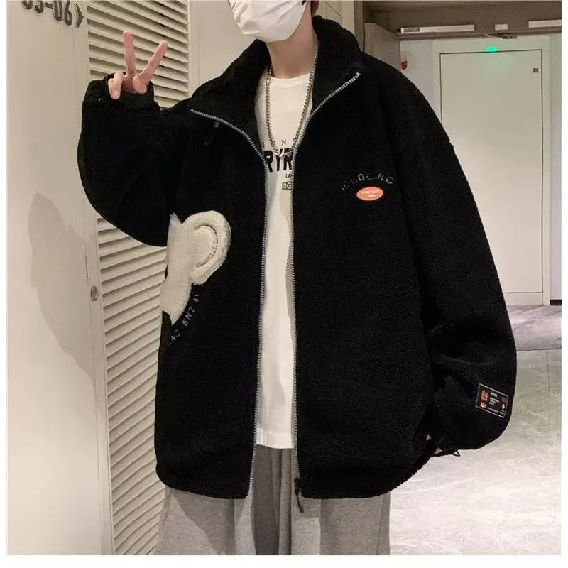 Lapel Collar Trendy Embroidery Harajuku Style Fleece Coat