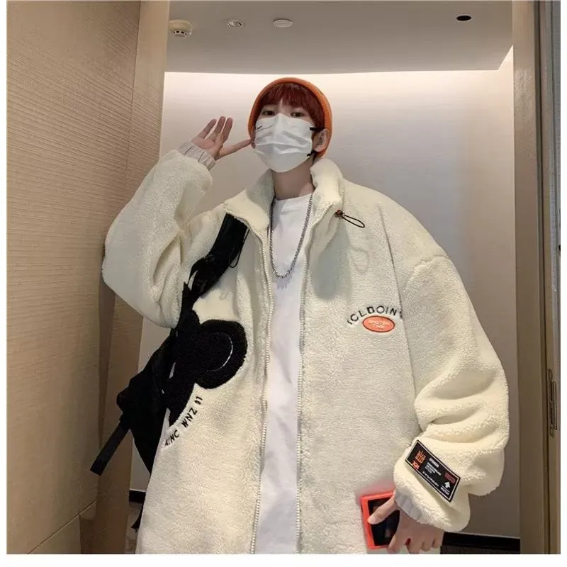 Lapel Collar Trendy Embroidery Harajuku Style Fleece Coat