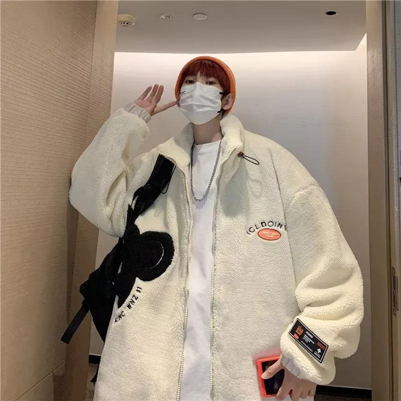 Lapel Collar Trendy Embroidery Harajuku Style Fleece Coat