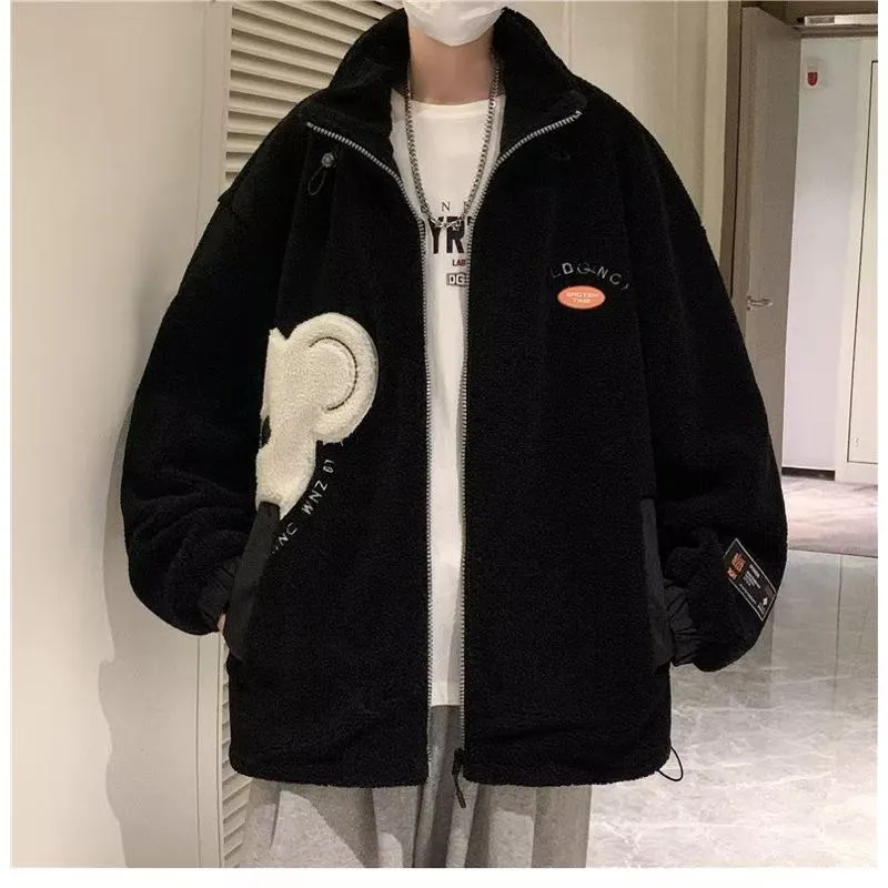 Lapel Collar Trendy Embroidery Harajuku Style Fleece Coat